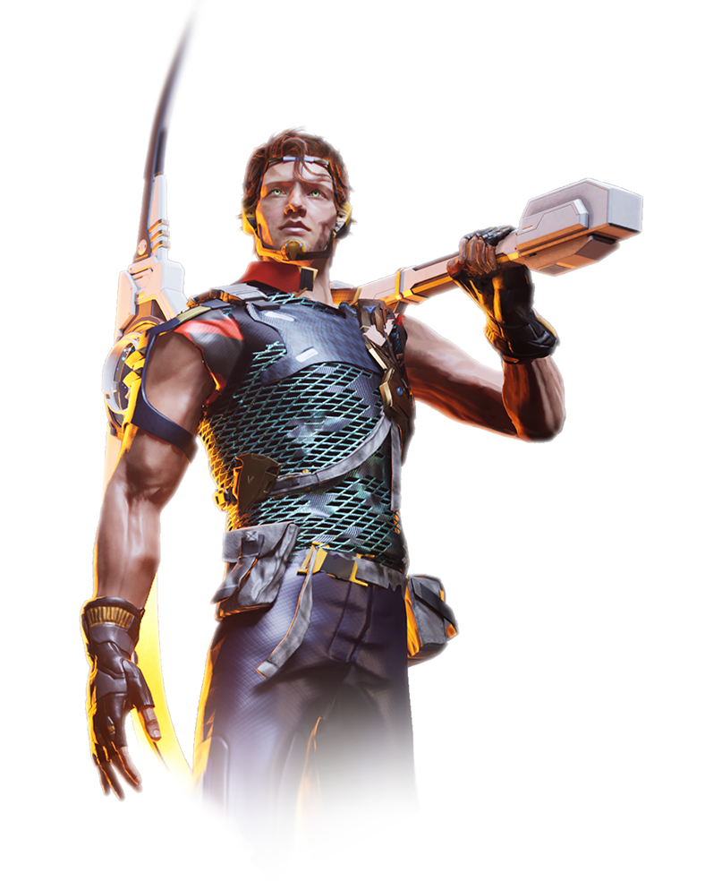 3D render of a Mdgvrk playable avatar named Cypher.  He is holding a large axe and looking off into the distance.